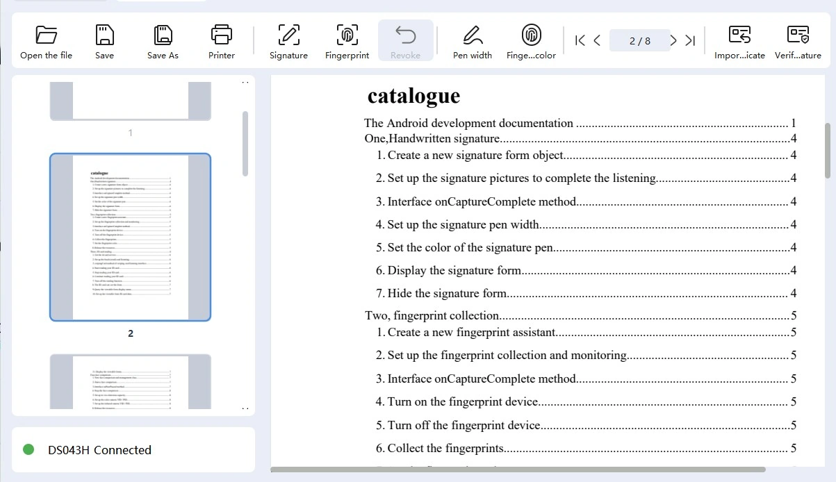 Updated DeepSign document signing interface with signature, fingerprint, certificate verification, and page navigation tools