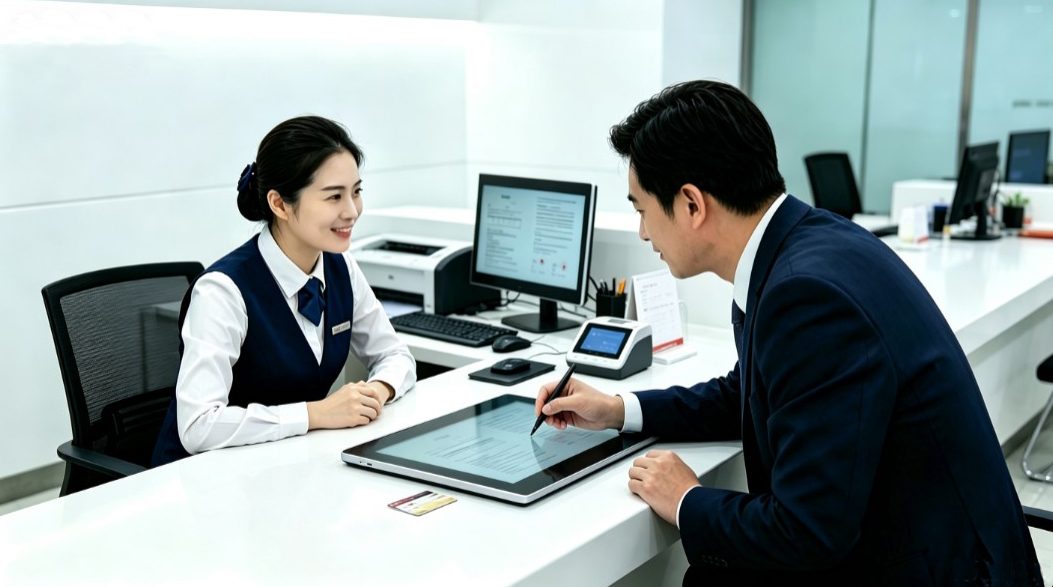 Bank teller demonstrating financial products with YF156K electronic signature pad