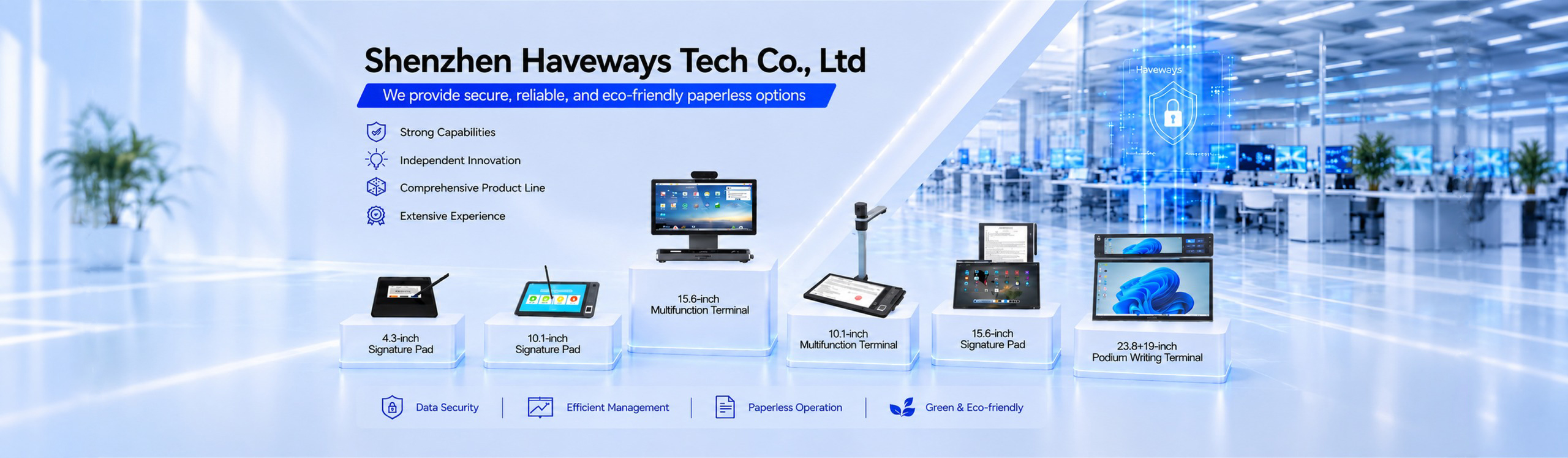 Haveways DeepSign series digital signature tablets banner, paperless e-signing devices for bank, government and enterprise